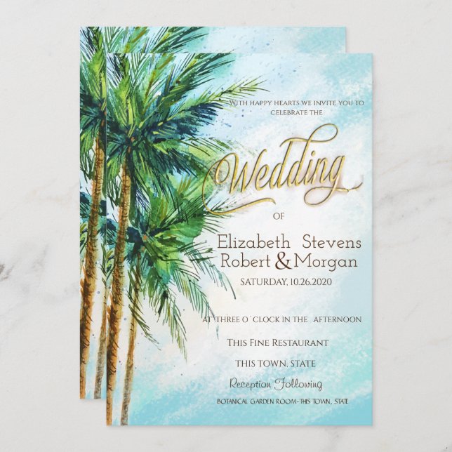 Invitación Playa tropical, Boda de palmeras (Anverso / Reverso)