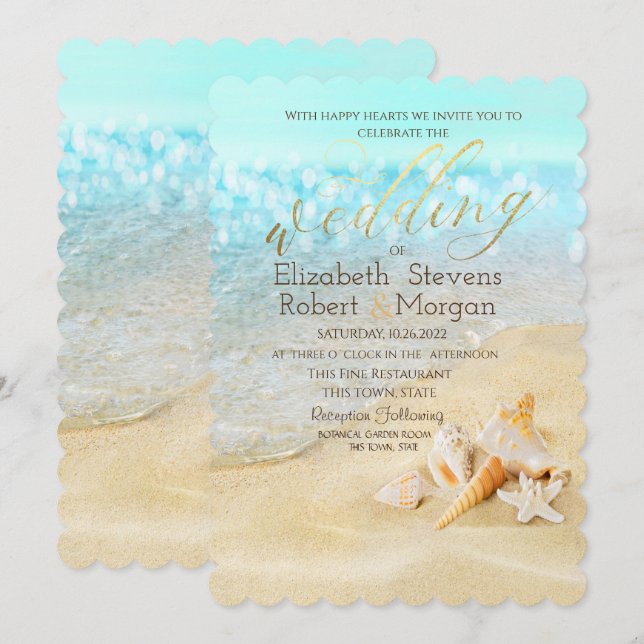 Invitación Playa Tropical, Bodas de Conchas Marinas (Anverso / Reverso)