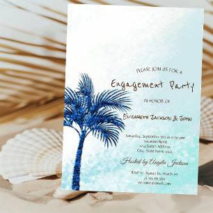Invitación Playa tropical, compromiso con palmeras azules Pur