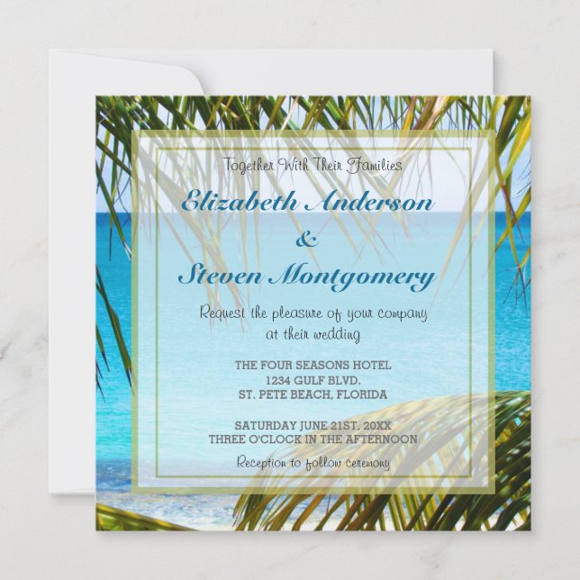 Invitación Playa tropical con Boda de Palm Fronds (Anverso)