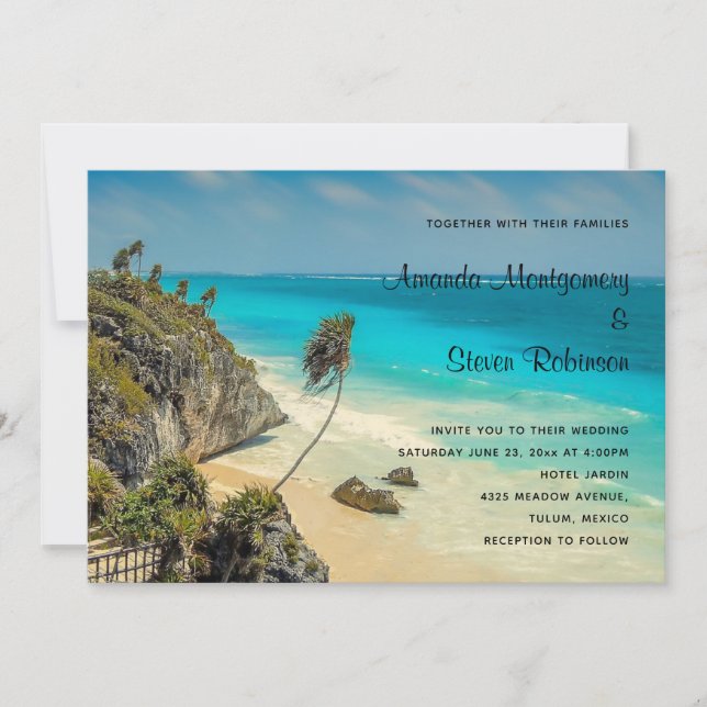 Invitación Playa tropical con Boda de palmeras barridas de vi (Anverso)