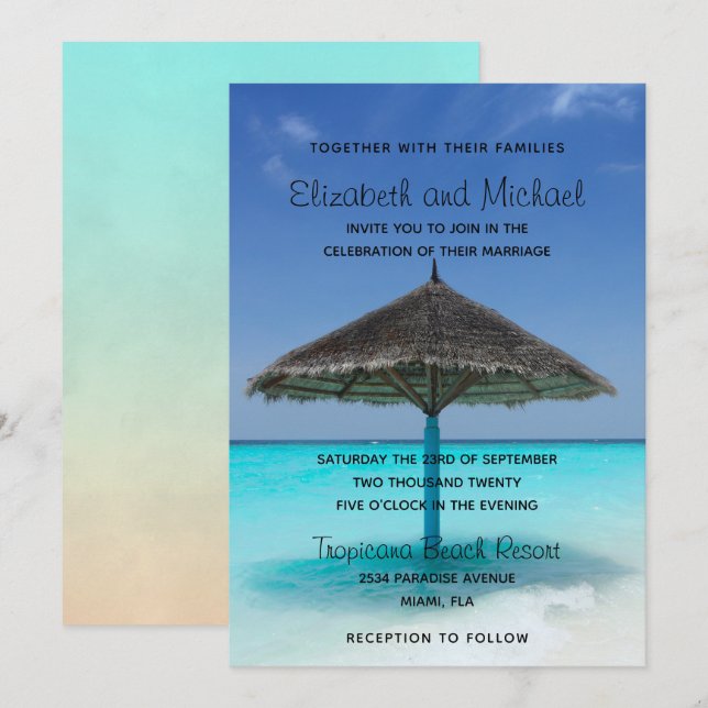 Invitación Playa tropical con Boda de paraguas con paja (Anverso / Reverso)