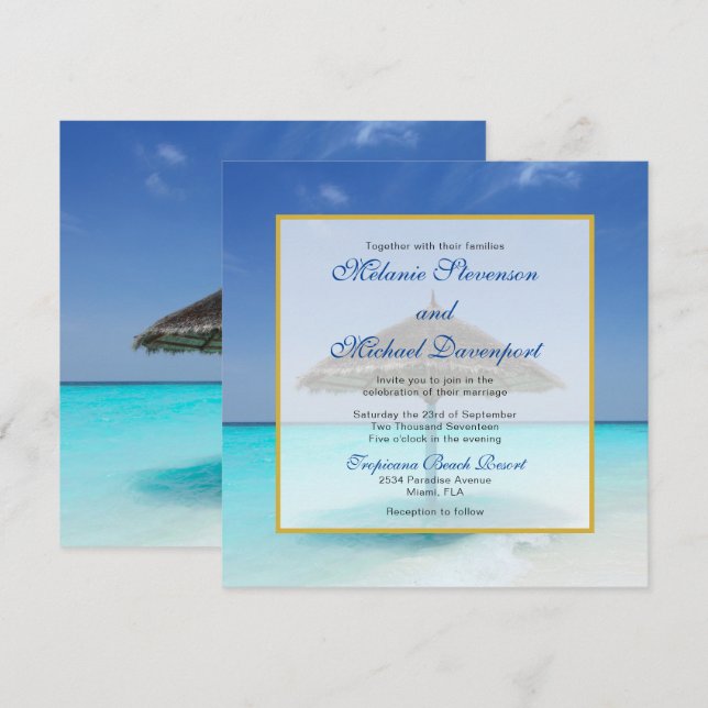 Invitación Playa tropical con Boda de paraguas con paja (Anverso / Reverso)