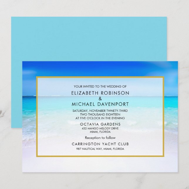 Invitación Playa tropical con Boda turquesa (Anverso / Reverso)