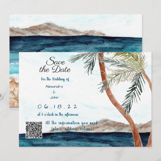 Invitación Playa Tropical con Luces Guardar la Fecha (Anverso / Reverso)