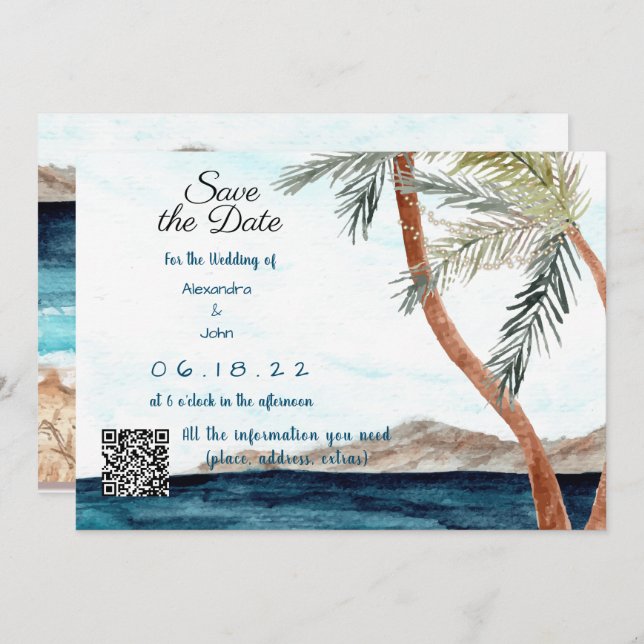 Invitación Playa Tropical con Luces Save the Date (Anverso / Reverso)
