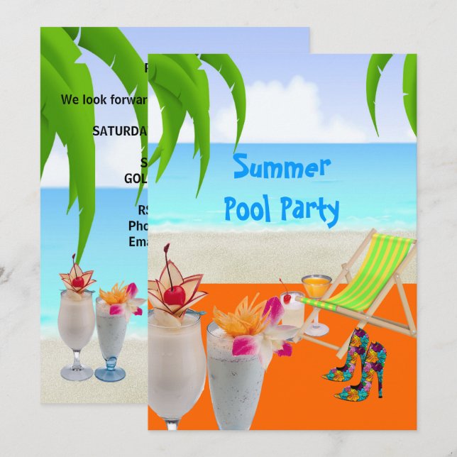 Invitación Playa tropical de Fiesta de la piscina de verano (Anverso / Reverso)