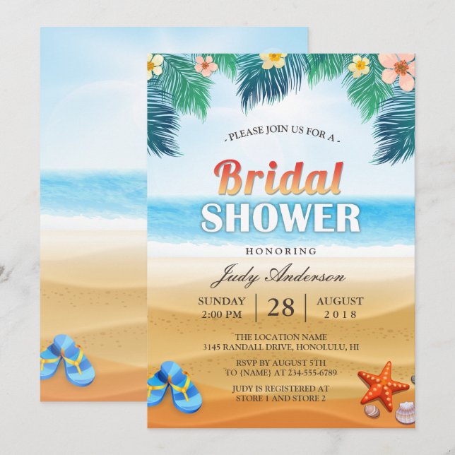Invitación Playa Tropical De Hawái Ducha De Novias (Anverso / Reverso)