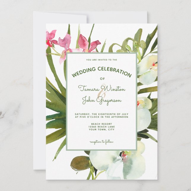 Invitación Playa Tropical De Orquídeas Orquídeas Blancas De C (Anverso)