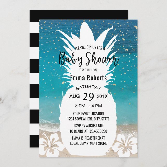 Invitación Playa Tropical de Piña y Flores de Baby Shower (Anverso / Reverso)