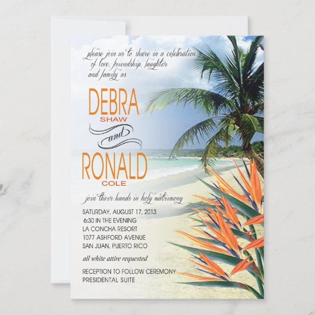 Invitación Playa tropical Debra Emerald Wates| papaya FELING (Anverso)