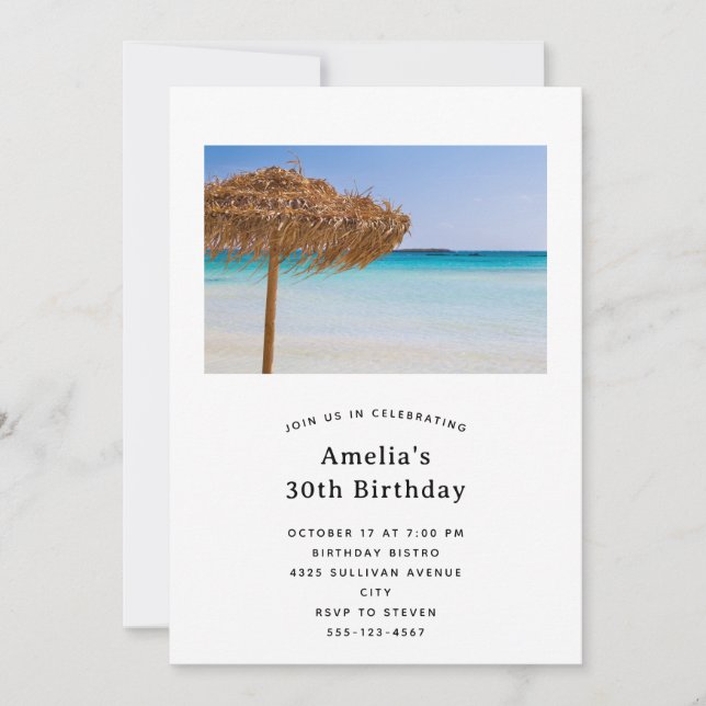Invitación Playa Tropical Escénica con Cumpleaños de Sombrill (Anverso)