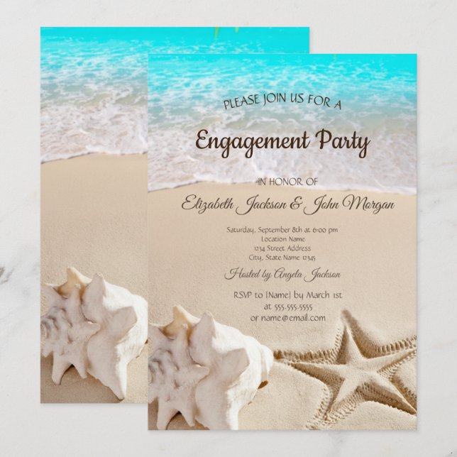 Invitación Playa Tropical, Estrella de Mar, Anillo de Comprom (Anverso / Reverso)