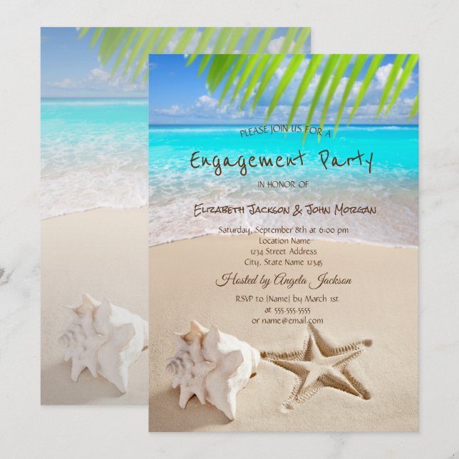 Invitación Playa Tropical, Estrella de Mar, Anillo de Comprom (Anverso / Reverso)
