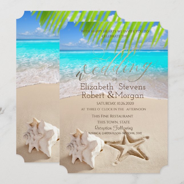 Invitación Playa Tropical,Estrella de mar,Concha marina (Anverso / Reverso)
