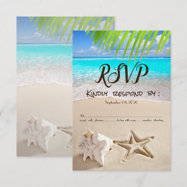Invitación Playa Tropical,Estrella de mar,Concha RSVP (Anverso / Reverso)