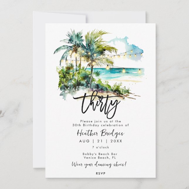 Invitación Playa tropical fiesta de 30 años (Anverso)
