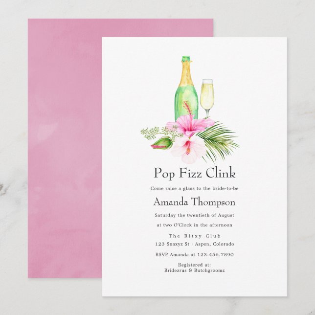 Invitación Playa Tropical Floral Pop Fizz Clink Bridal Shower (Anverso / Reverso)