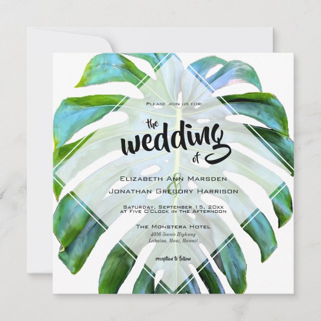 Invitación Playa Tropical Hawái Boda Monstera Leaf (Anverso)