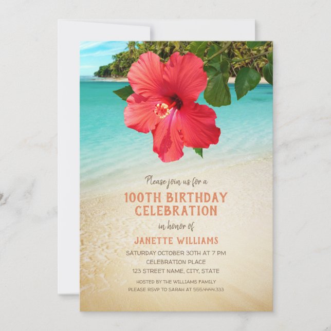 Invitación Playa Tropical Hawaiana Tema 100 cumpleaños (Anverso)