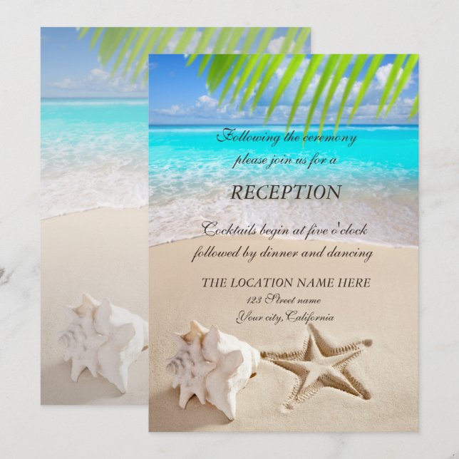 Invitación Playa tropical, mar, recepción de conchas (Anverso / Reverso)