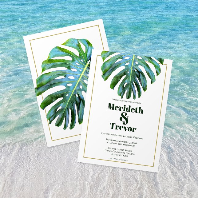 Invitación Playa Tropical Monstera Leaf Gold Moderno Negrita  (Subido por el creador)