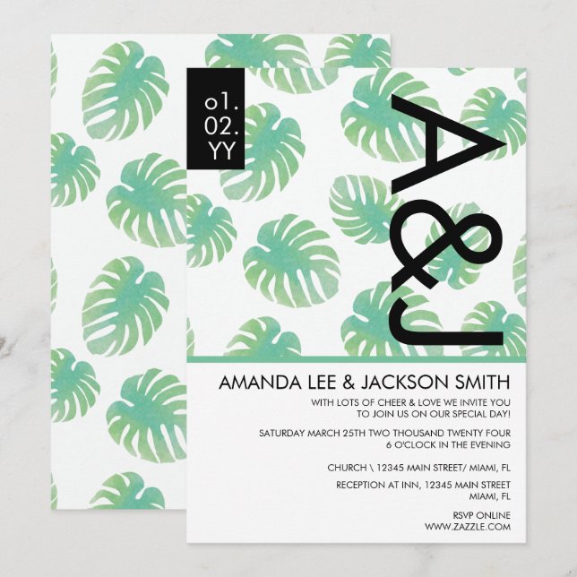 Invitación Playa Tropical Monstera Verde Boda Negro Invita (Anverso / Reverso)