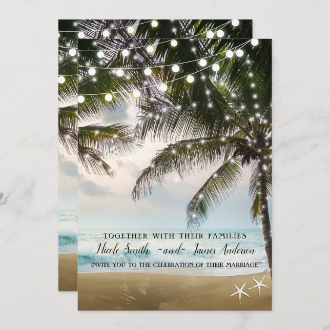 Invitación Playa Tropical Océano Palmeras y Luces Boda (Anverso / Reverso)