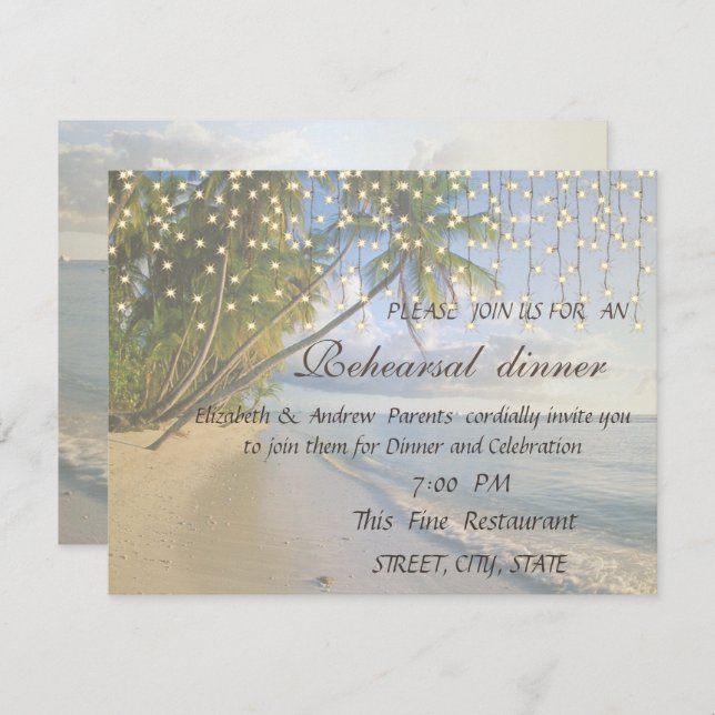 Invitación Playa Tropical, Palm,Cena de ensayo con luces de c (Anverso / Reverso)