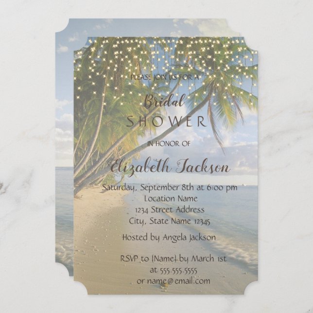 Invitación Playa Tropical, Palm, String Luces Brillantes Duch (Anverso / Reverso)