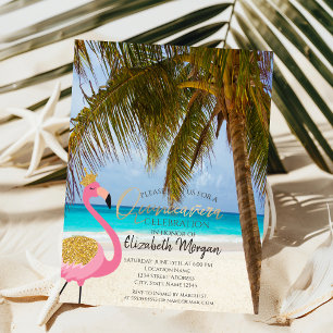 Invitación Playa Tropical,Palma,Flamenco Quinceañera