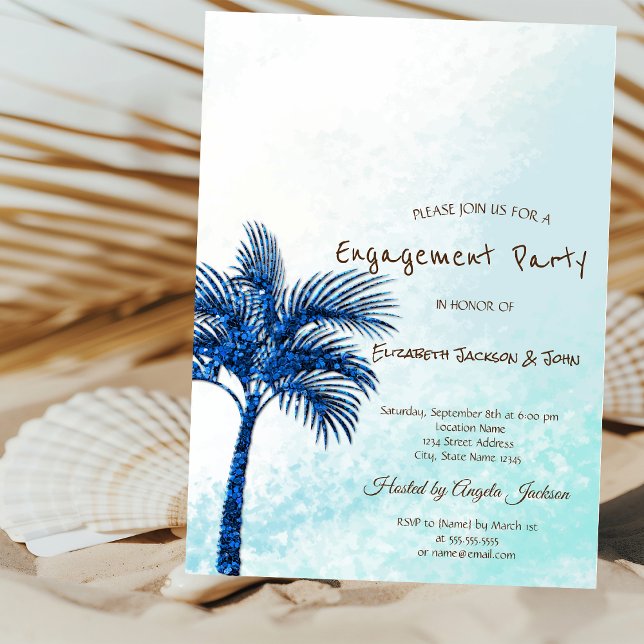 Invitación Playa Tropical, Palmeras Brillantes Azules Comprom (Subido por el creador)