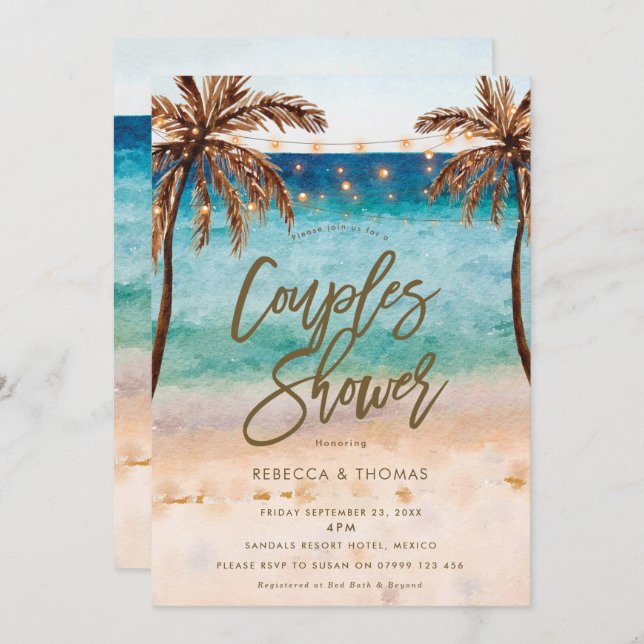 Invitación playa tropical parejas modernas ducha (Anverso / Reverso)