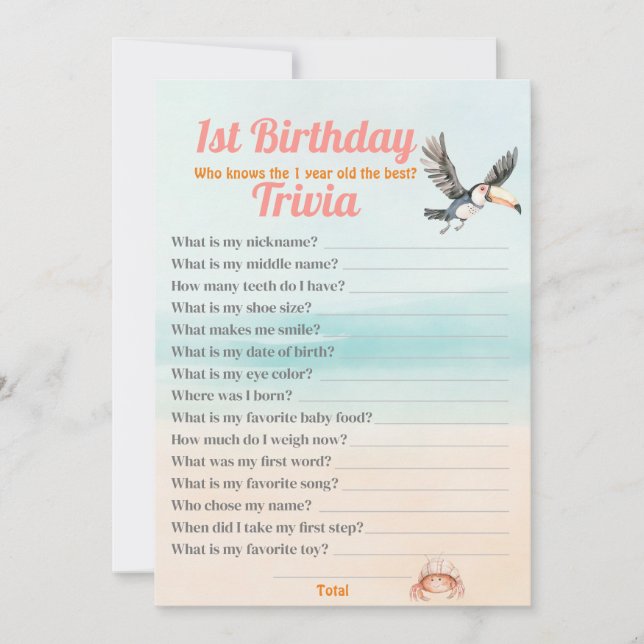 Invitación Playa Tropical Primer Juguete de cumpleaños Trivia (Anverso)