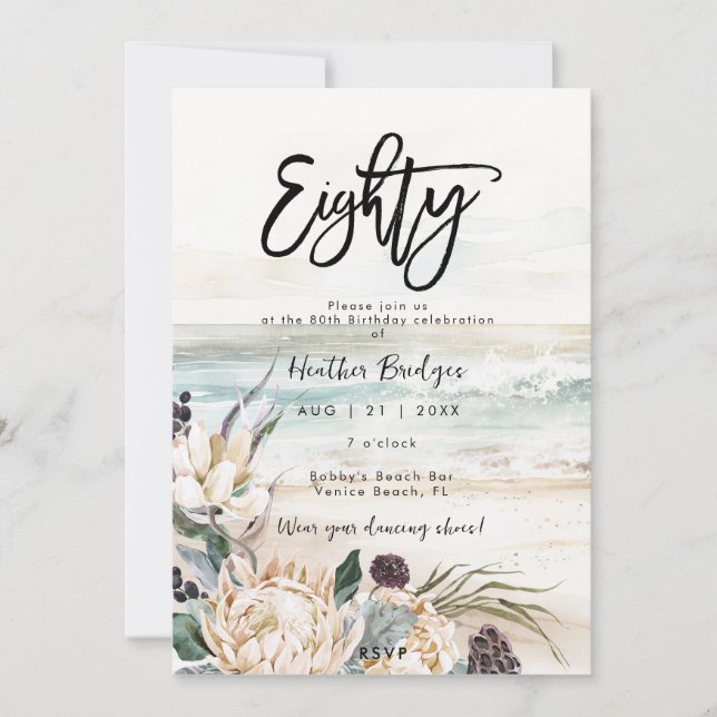 Invitación Playa tropical protea 80 cumpleaños invitati (Anverso)