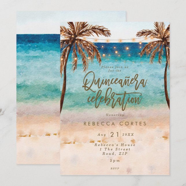 Invitación playa tropical Quinceanera 15 años (Anverso / Reverso)