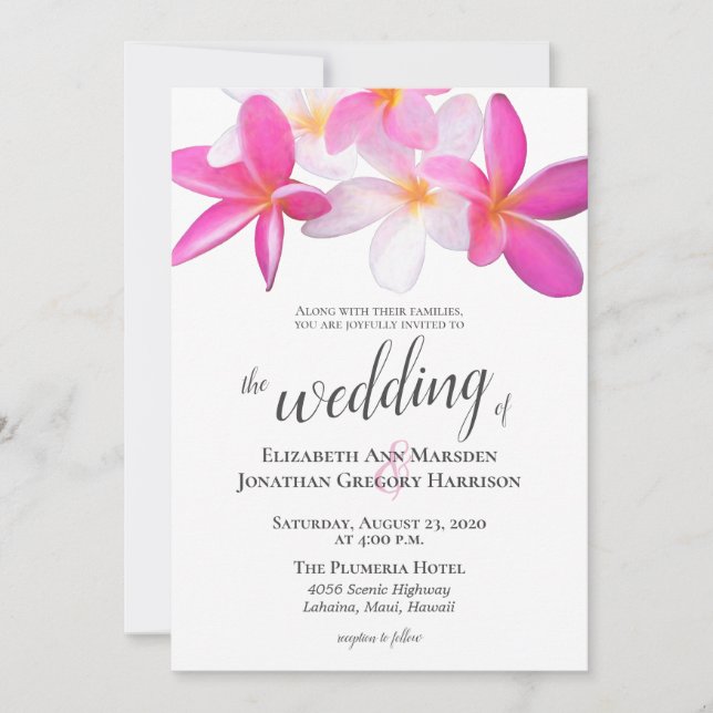 Invitación Playa Tropical Rosa Plumeria Destino Floral (Anverso)