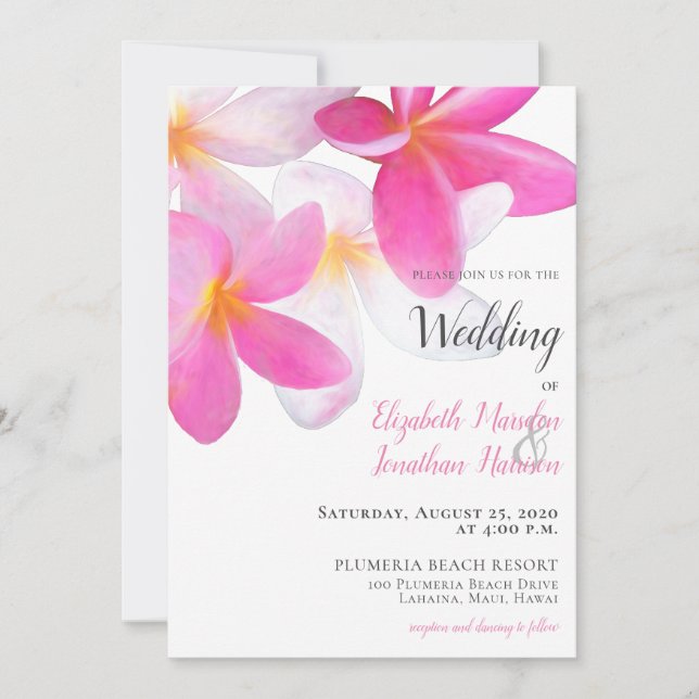 Invitación Playa Tropical Rosa Plumeria Floral Hawái Boda (Anverso)