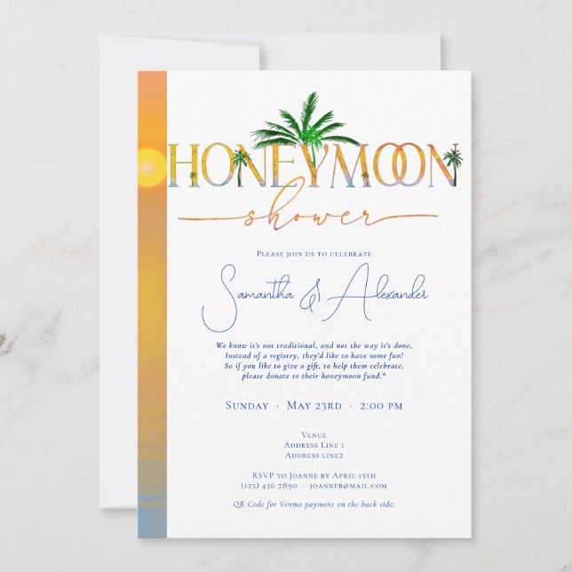 Invitación Playa Tropical Sunset Luna de Miel Ducha Parejas (Anverso)