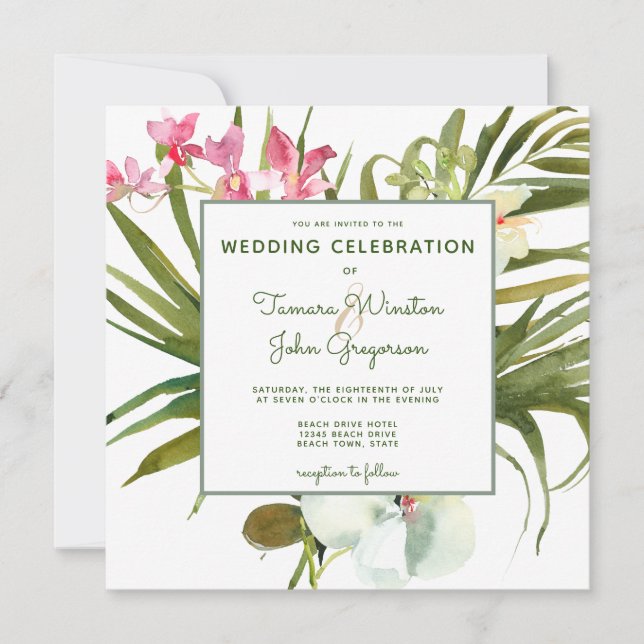 Invitación Playa Tropical Vegetación Orquídea Blanca Rosa (Anverso)