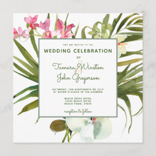 Invitación Playa Tropical Vegetación Orquídea Blanca Rosa