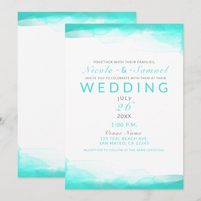 Invitación Playa Verde Acuarela Azul Agua Moderno Matrimonio (Anverso / Reverso)