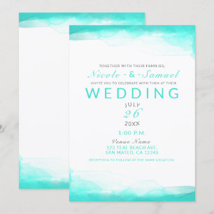 Invitación Playa Verde Acuarela Azul Agua Moderno Matrimonio