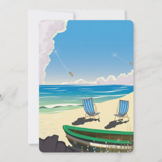 Invitación Playa vintage con tumbonas y un mar azul