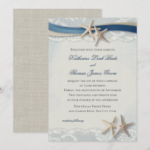 Invitación Playa y encaje azul de champán y marina