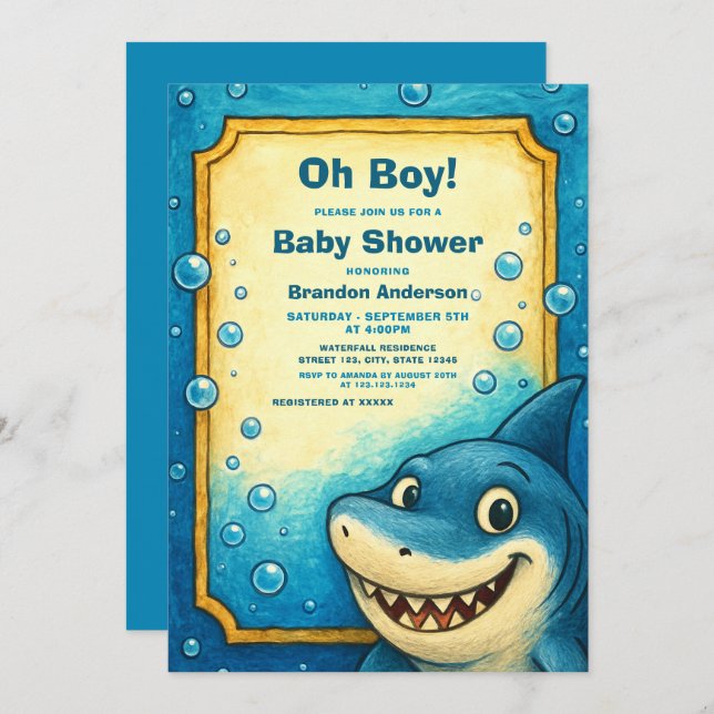 Invitación Playas Blue Shark Bubbles Boy Baby Shower (Anverso / Reverso)