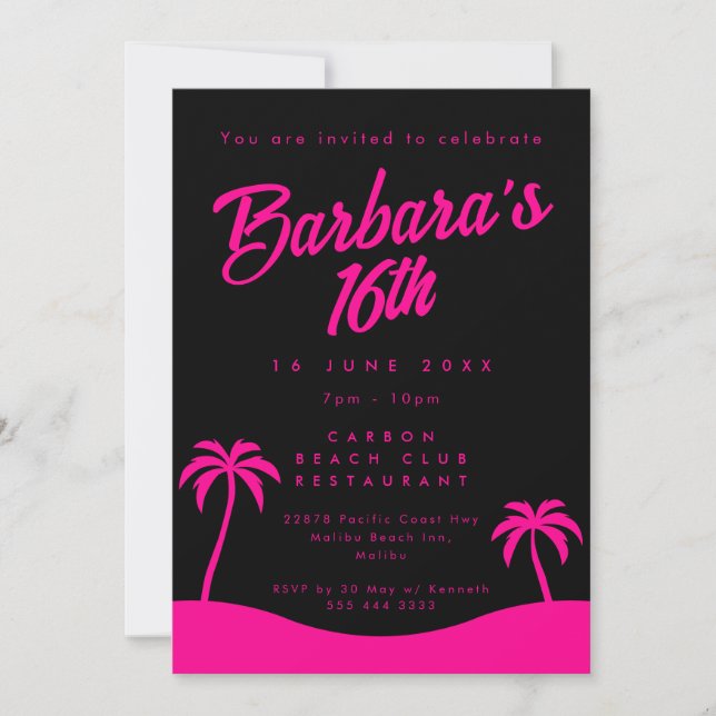 Invitación Playas Tropicales Pink Black Summer Beach Sweet 16 (Anverso)