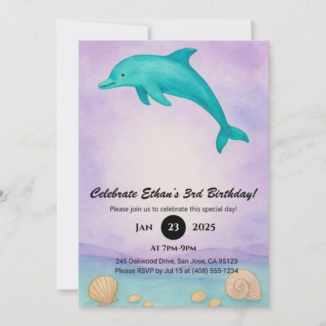Invitación Playful Blue Dolphin & Seashell Ocean Birthday  (Anverso)