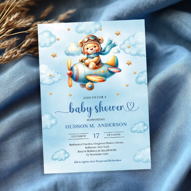 Invitación Playful blue pilot teddy bear boy shower invites (Playful blue pilot teddy bear boy shower invitation)