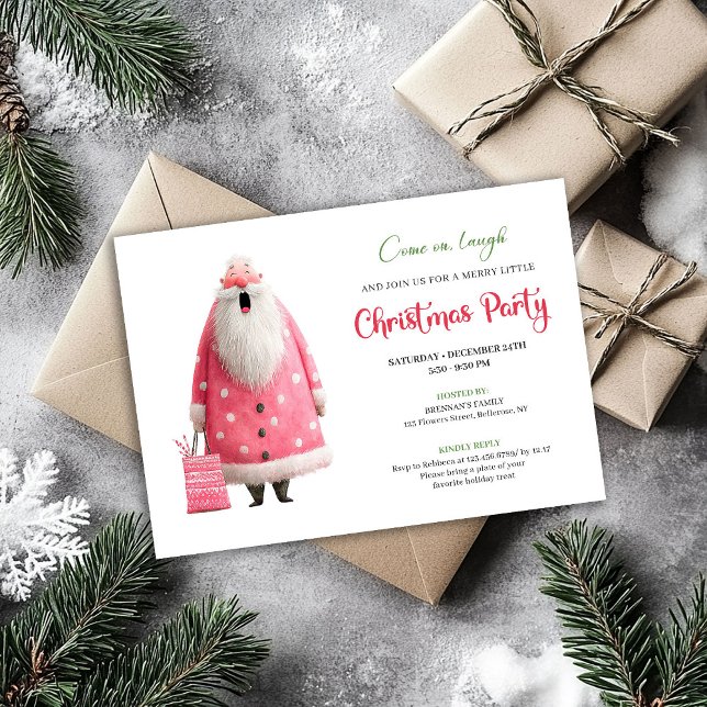 Invitación Playful Pink Santa Funny Christmas Party Printable (Playful Pink Santa Funny Christmas Party Printable)
